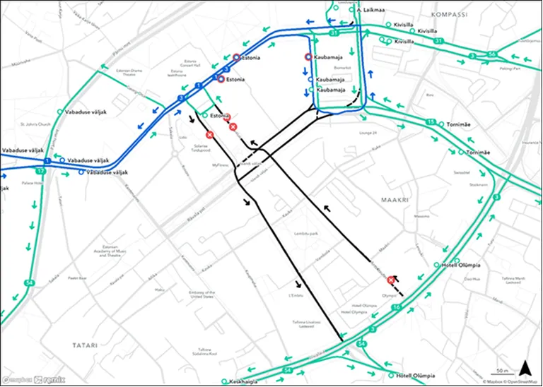 Схема маршрута общественного транспорта (черным цветом обозначена закрытая часть маршрута).