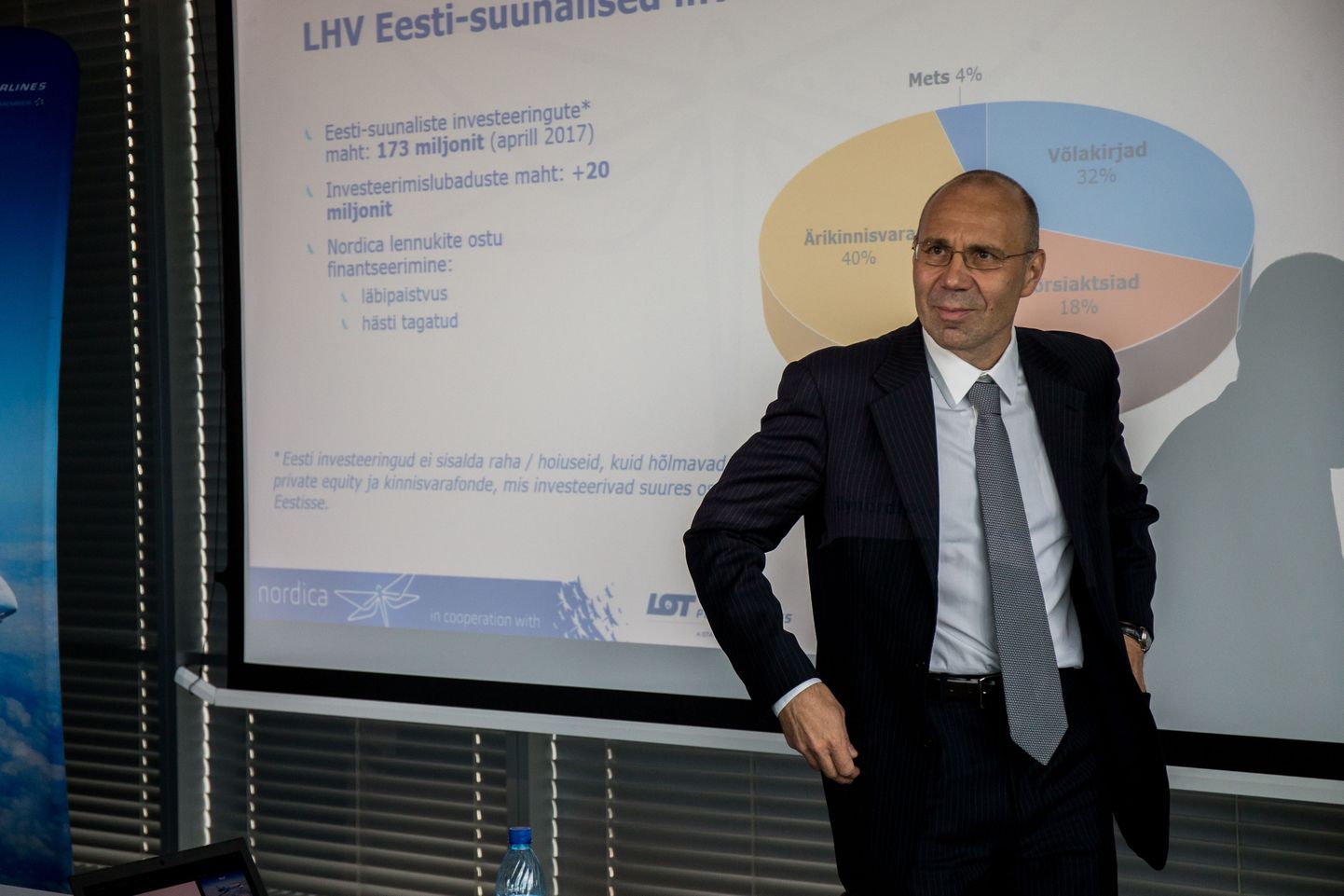 LHV pensionifondide juht Andres Viisemann pressikonverentsil, kus räägiti investeerimisest Nordica lennukitesse.