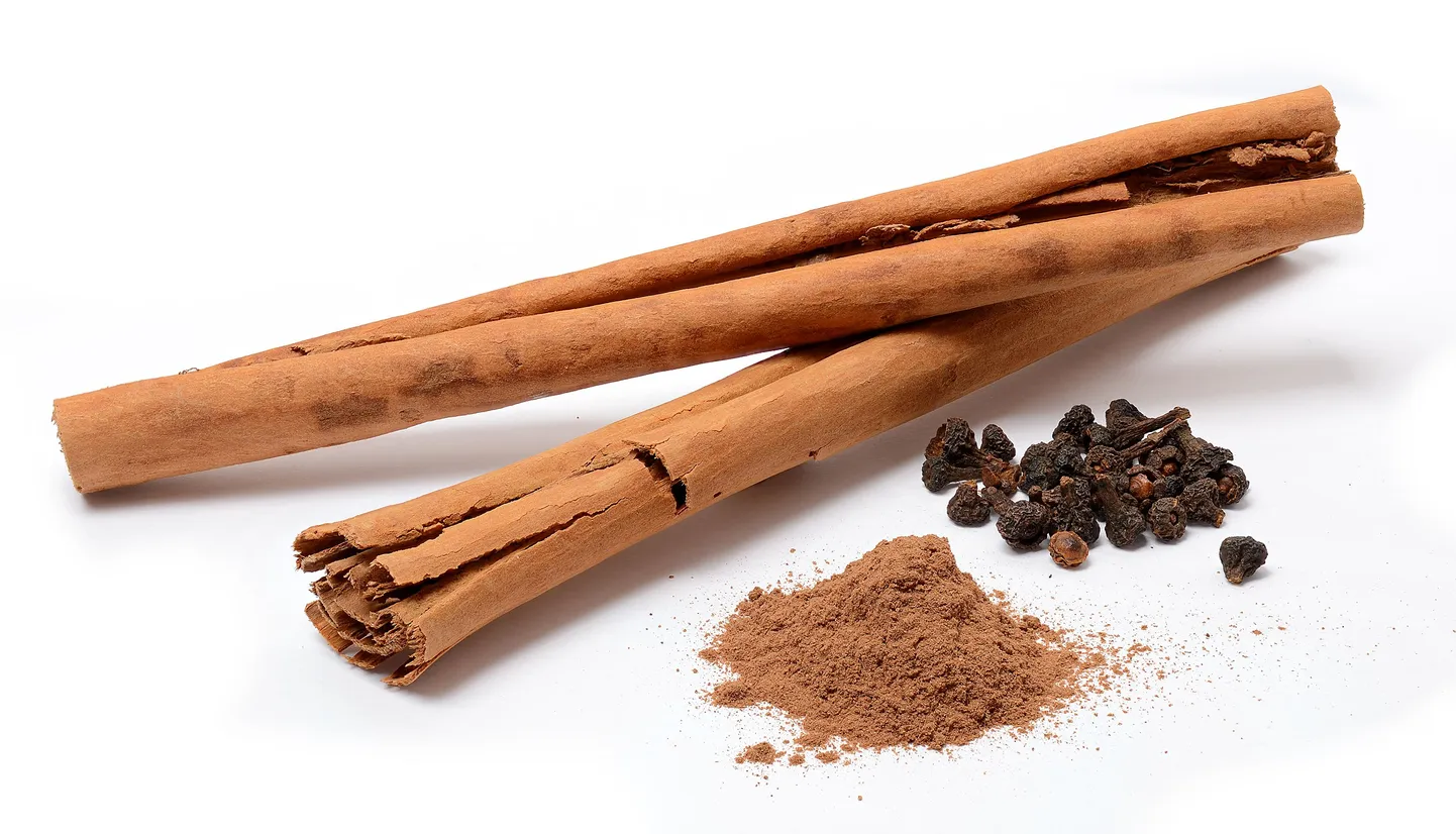 Kaneeli kuivatatud kooreribad, koorepulber ja Tseiloni kaneelipuu (Cinnamomum verum) õied.
