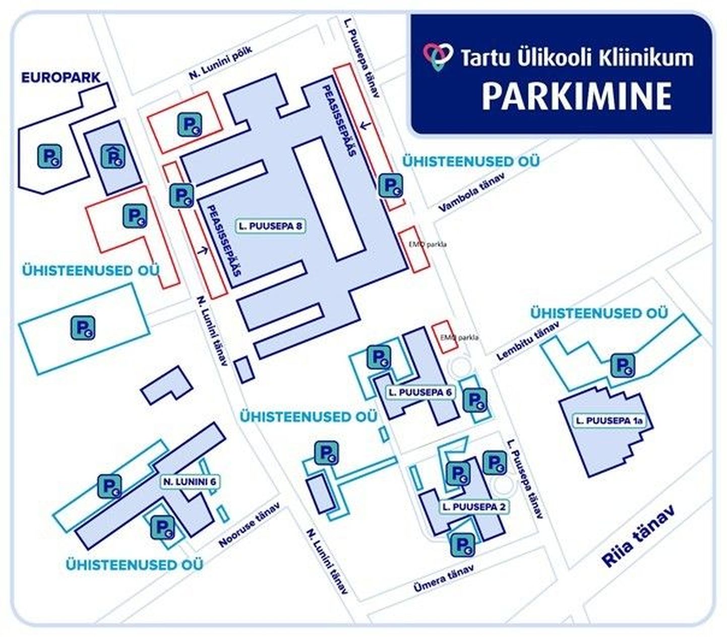 Parklate skeem Tartu ülikooli kliinikumi lähistel.