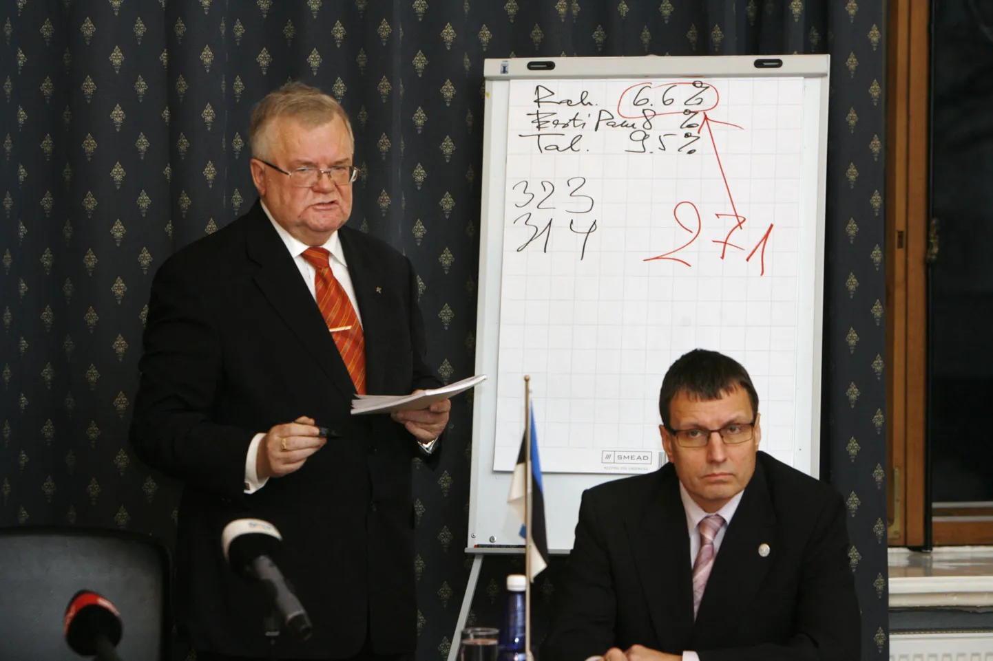 Linnapea Edgar Savisaar ja volikogu esimees Toomas Vitsut Tallinna tuleva aasta eelarve kohta seletusi jagamas.