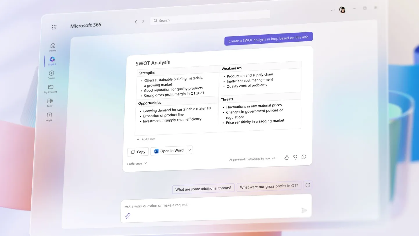 Kui varem tegeleti SWOT analüüsi koostamisega kontoris mõnikord lausa tunde, siis nüüd saab lasta selle tehisintellektil ära teha hetkega. Tööülesanne tuleb Microsofti tehisintellektile ette anda tavalise inimkõnes tekstina.