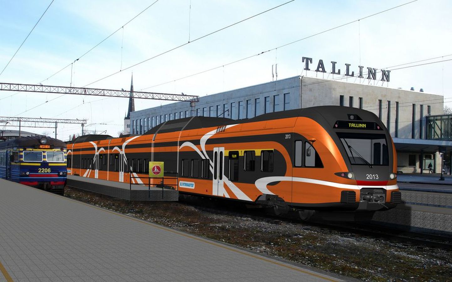 Так будет выглядеть новый поезд (справа) на Балтийском вокзале. Коллаж Elektriraudtee.