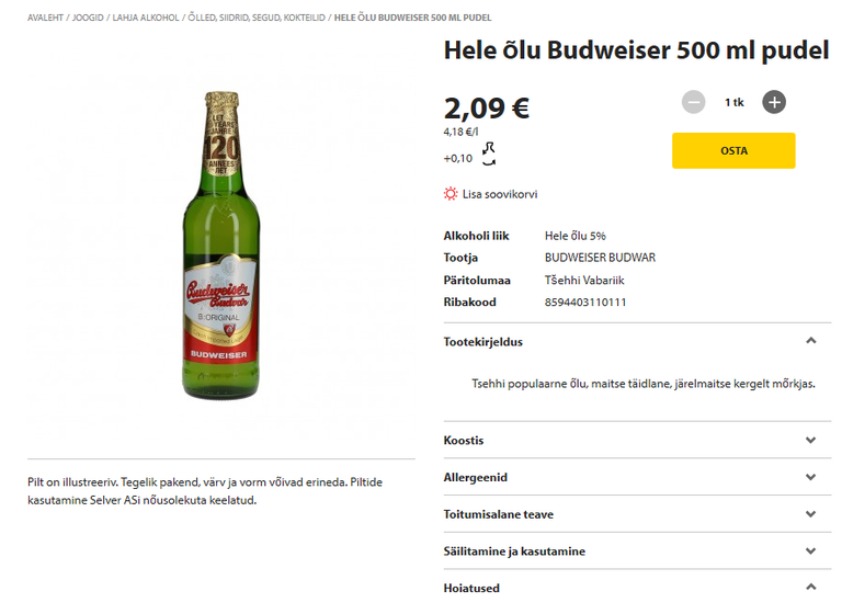 Цена Budweiser в Selver. Фото: домашняя страница Selver AS
