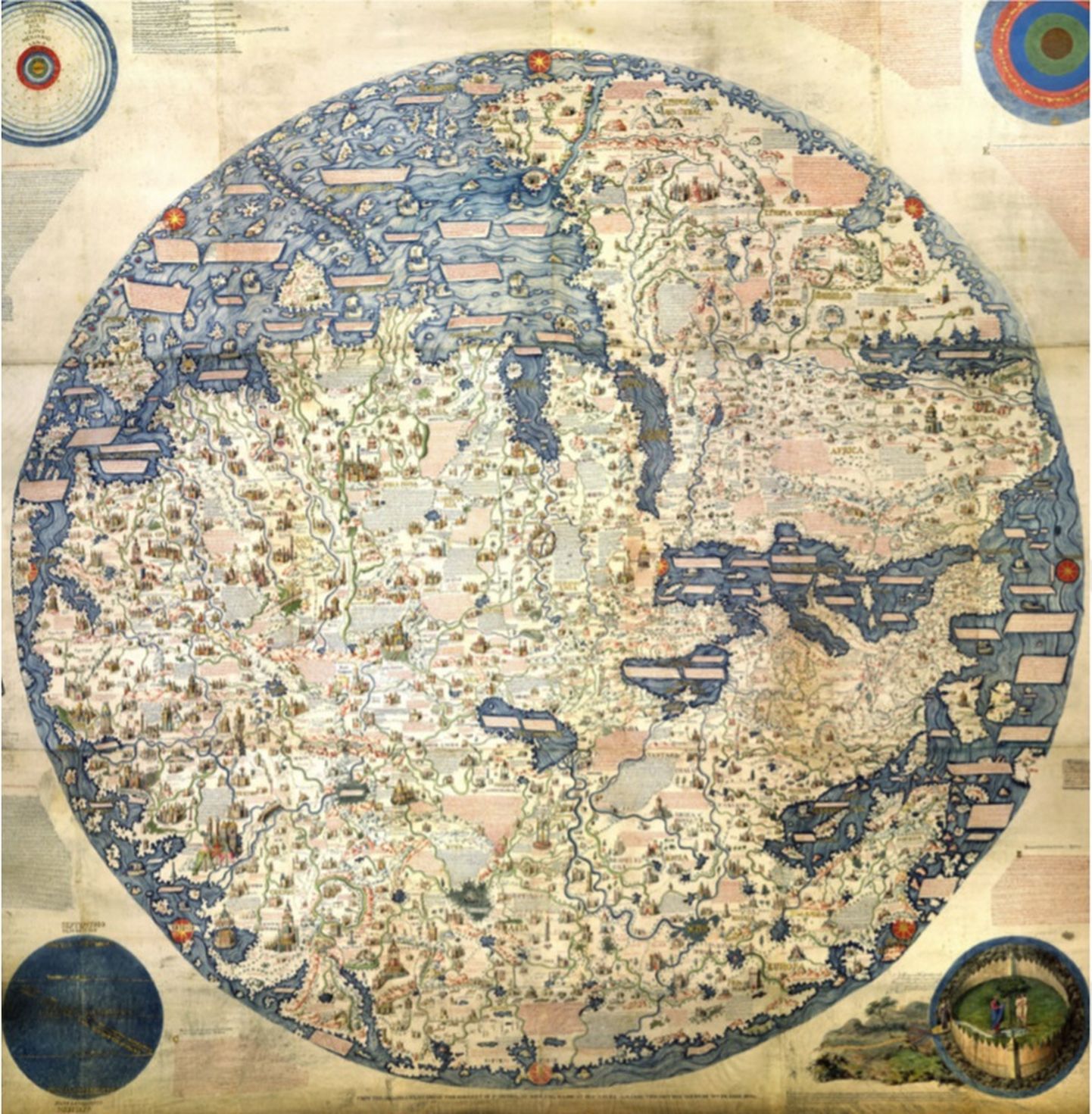 Fra Mauro maailmakaardi koopia aastast 1804. Veneetsia munk Fra Mauro (vend Mauro) koostas maailmakaardi (mappa mundi), mis võttis kokku suurema osa tolleaegseid geograafiaalaseid teadmisi ja sisaldas tuhandeid tekste ning illustratsioone. Kaart valmis umbes 1450. aastal, olles seni ilmunud maailmakaartidest kõige täpsem. 15. sajandi kompassid olid orienteeritud lõuna-põhjasuunas, seega asub lõuna kaardil põhjas.