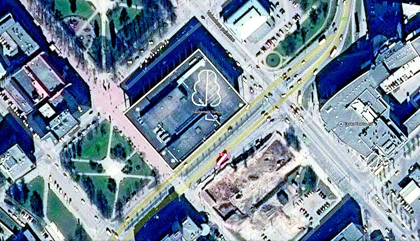 Google´i kaardikogu (www.google.ee/maps) näitab Tartus aadressil Riia 1 tegutseva kaubamaja katusel topograafilist lehtpuu tingmärki, mis tähistab lehtmetsa. See on kunstiteos «Linnamets». Samalaadne pilt avaneb maa-ameti geoportaali kaardiserveris (http://xgis.maaamet.ee).