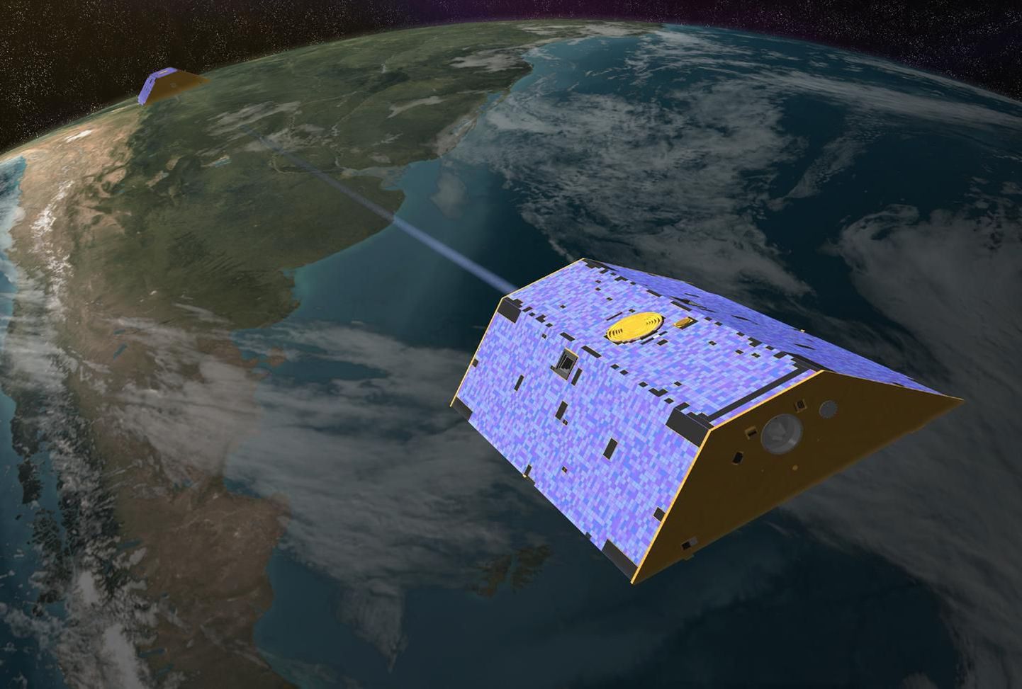 NASA kunstniku kujutis GRACE missiooni kahest satelliidist.