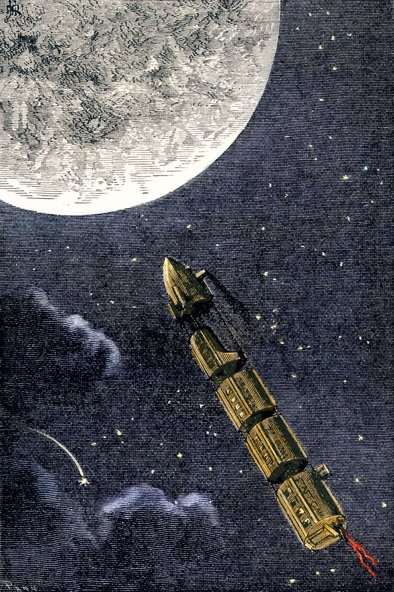 Joonistus mitmeosalisest raketist ja Kuust