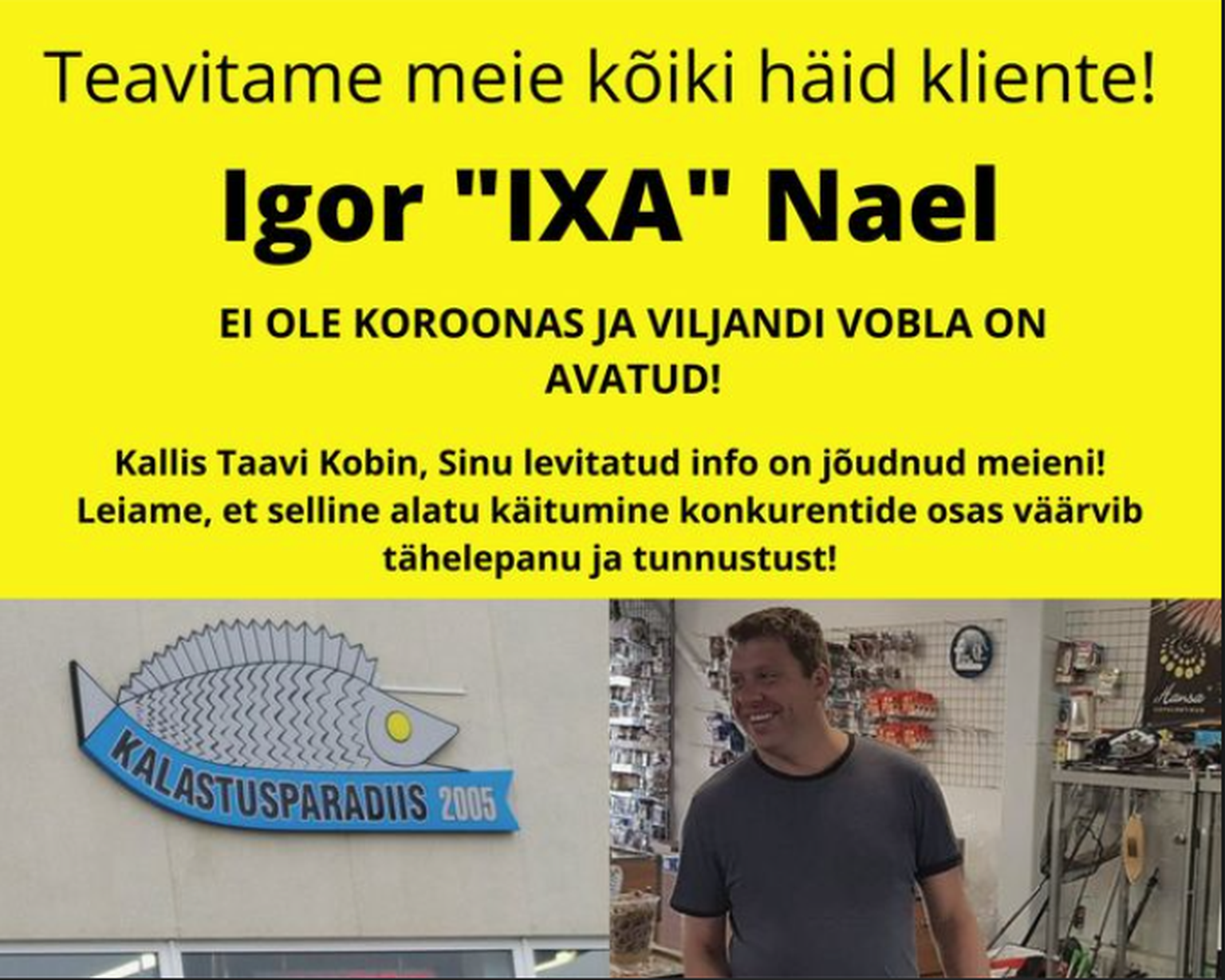 Kalastustarvete pood Vobla süüdistab Taavi Kobinat valeinfo levitamises.