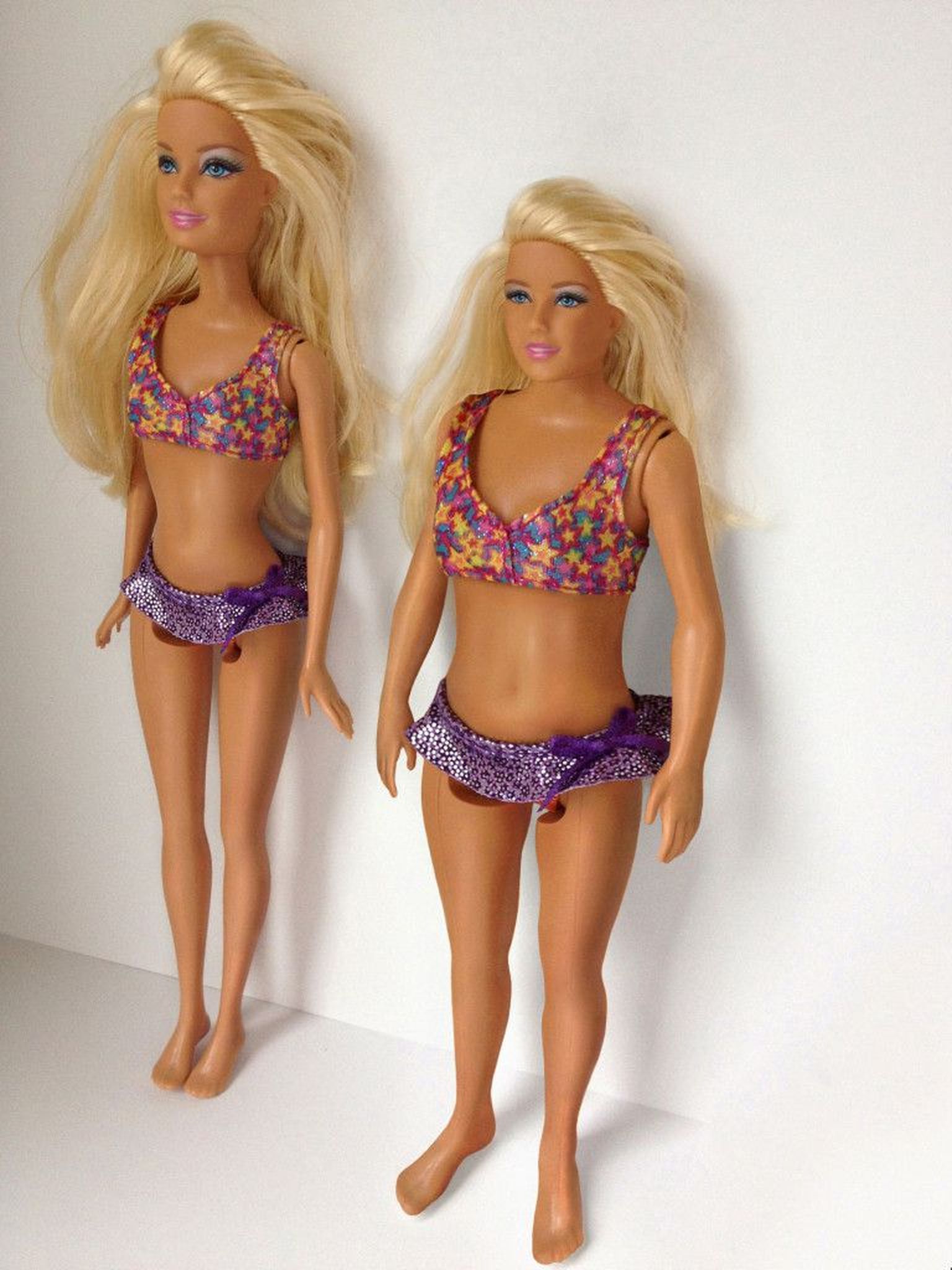 Kunstnik Nickolay Lammi nägemus Barbie-nukust päris naise kehaga (vasakul).